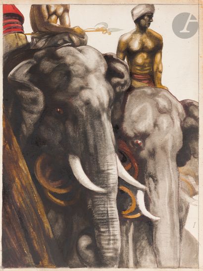  Maurice Jaubert de BECQUE (1878-1938) A dos d’éléphant Encre et aquarelle. Timbre...