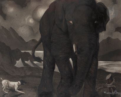  Maurice Jaubert de BECQUE (1878-1938) Éléphant au chien Encre, lavis d’encre et...