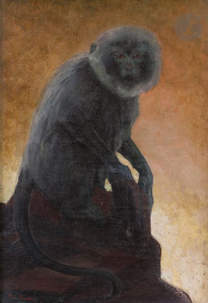  Maurice Jaubert de BECQUE (1878-1938) Le Singe au rocher Huile sur toile. Signée...