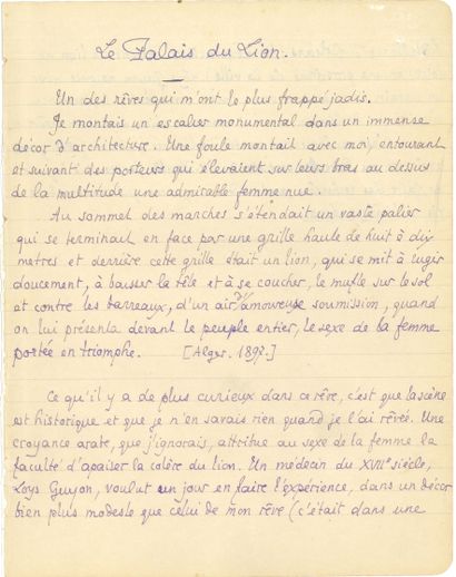 null Pierre LOUŸS (1870-1925). Manuscrit autographe, Le Palais du Lion, 1897 ; 1 page...