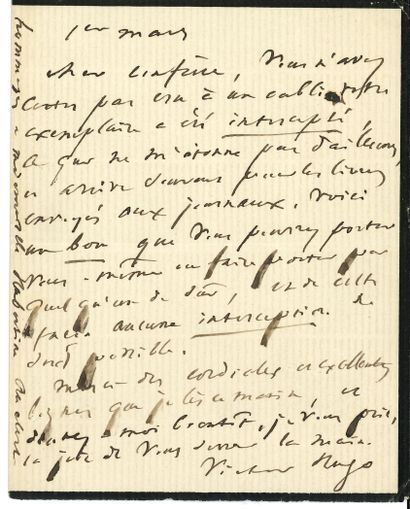 null Victor HUGO (1802-1885) L.A.S., 1er mars [1874 ?], à un confrère [Léon Richer ?] ;...