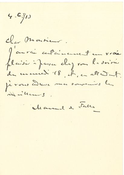 null Manuel de FALLA (1876-1946). L.A.S., 4 juin 1913, [à René Chalupt] ; demi-page...