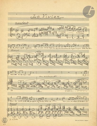 null Louis DUREY (1888-1979). Manuscrit musical autographe signé, Le Vivier, 1927 ;...