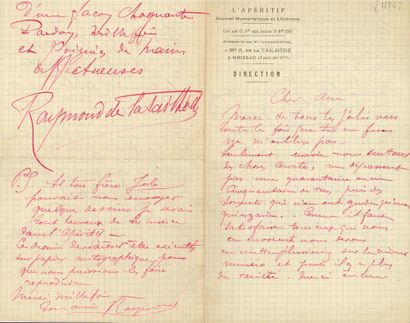 null Raymond de LA TAILHÈDE (1867-1938). 5 L.A.S., Moissac [1886], au romancier André...