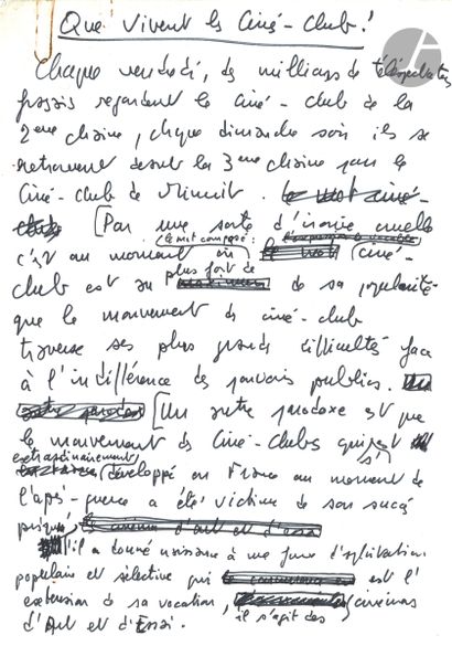 null François TRUFFAUT (1932-1984). Manuscrit autographe, Que vivent les Cinés-Club !,...