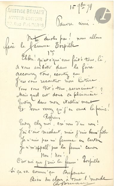 null Aristide BRUANT (1851-1925). L.A.S. avec poème, 15 novembre 1879, à un ami ;...