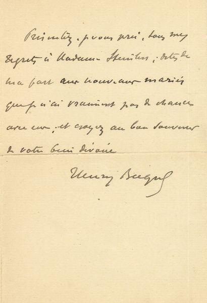 null Henry BECQUE (1837-1899). L.A.S., à Steinlen ; 1 page et demie in-8 (fente au...