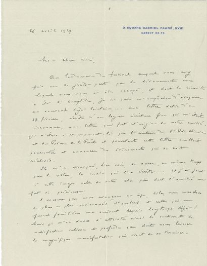 null Albert ROUSSEL (1869-1937). L.A.S., Paris 26 avril 1929, à René Chalupt ; 1 page...