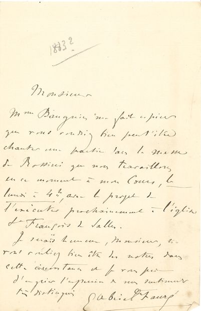 null Gabriel FAURÉ (1845-1924). L.A.S., [1883 ?, à M. Aubry-Vitet] ; 1 page in-8.

« Mme...