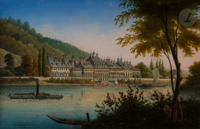 null *Ensemble de 12 gravures représentant des vues du Danube et de ses abords. Montées...