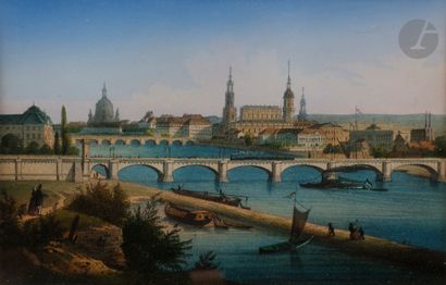 null *Ensemble de 12 gravures représentant des vues du Danube et de ses abords. Montées...