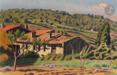  Charles Victor GUILLOUX (1866-1946) Maison et paysage Aquarelle et crayon noir....