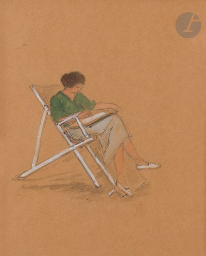 Henri LEBASQUE (1865-1937 )Nono in his deckchairInk...