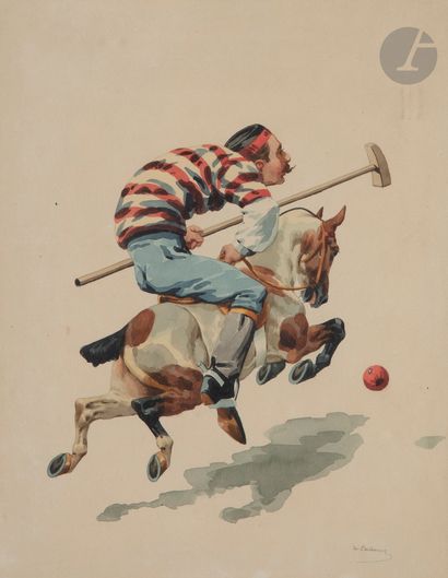  Charles Fernand de CONDAMY (c.1855-1913) Joueur de polo et cheval au galop Aquarelle....