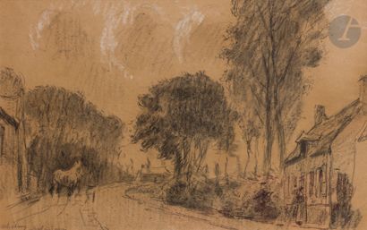 null Albert LEBOURG (1849-1928
)Animated street in ValenciennesChalk
and white chalk...