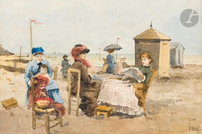  Paul ROSSERT (1851-1918) Scène de plage à Villers-sur-Mer Aquarelle. Signée en bas...