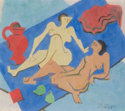  Jean METZINGER (1883-1956) Deux femmes nues sur la plage, vers 1945 Gouache. Signée...