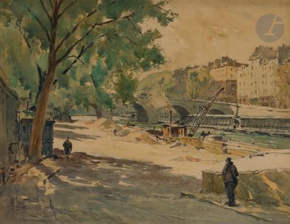 René LEVERD (1872-1938 )Paris, le Pont-Marie - Le Quai de la Mégisserie, 19122 watercolors....