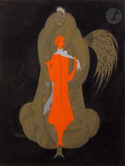  Léon BENIGNI (1892-1948) Deux élégantes à la plume et au foulard, 1924 Encre, gouache...