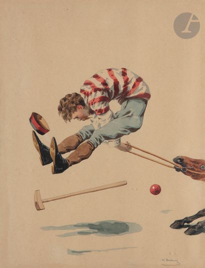  Charles Fernand de CONDAMY (c.1855-1913) Le Joueur de polo tombe de sa monture Aquarelle....