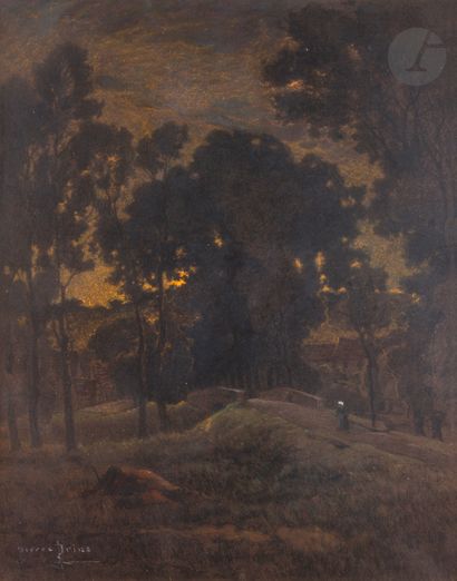  Pierre-Ernest PRINS (1838-1913) Paysanne sur le pont au coucher du soleil Pastel...