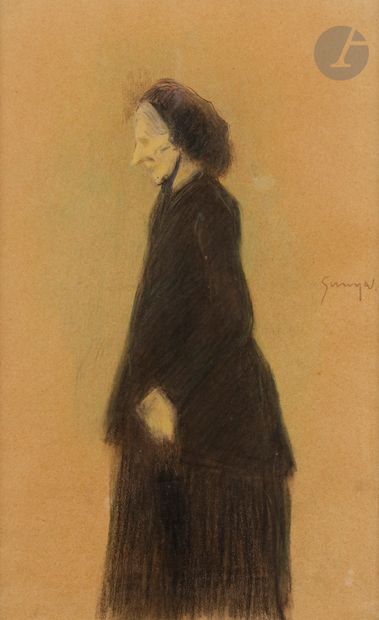  Joaquin SUNYER (1874-1956) Vieille femme Crayon noir et crayons de couleur. Signé...