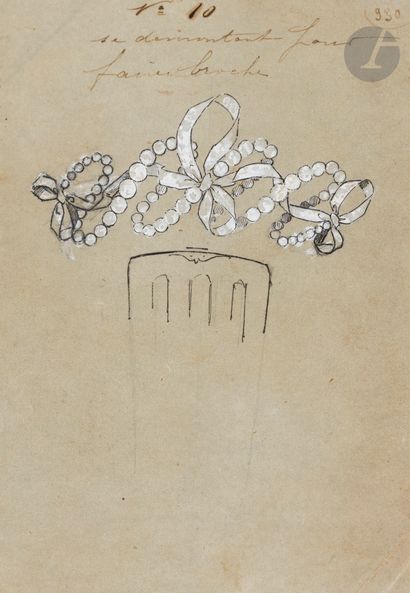 null René LALIQUE (1860-1945)
Projet de broche
Encre et gouache blanche.
Non signée.
Annotations.
16...