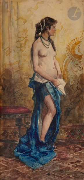 null Mariano BARBASÁN (1864-1924)
Nu à la robe bleue, 1882
Aquarelle.
Signée et datée...