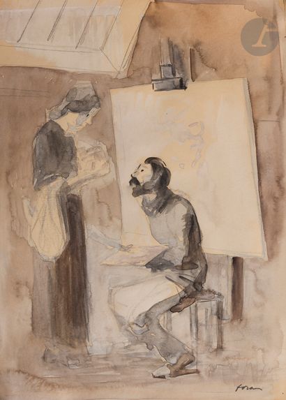 null Jean-Louis FORAIN (1852-1931
)Artist and his servant in the studioWatercolor
,...