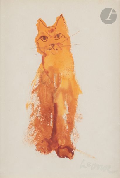  Léonor FINI (1908-1996) Chat Gouache. Signée en bas à droite. 24,5 x 16,5 cm Un...