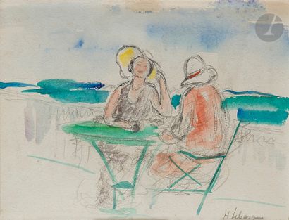  Henri LEBASQUE (1865-1937) Femmes attablées devant la mer Aquarelle sur traits de...