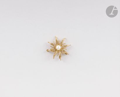 null Pendant brooch drawing a star in 14K (585) gold, centered with a cultured pearl,...
