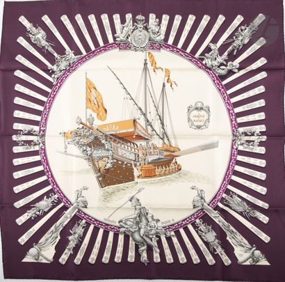null Carré HERMèS. "La Marine à rames", fond beige bordure violette. Signé Ledoux...