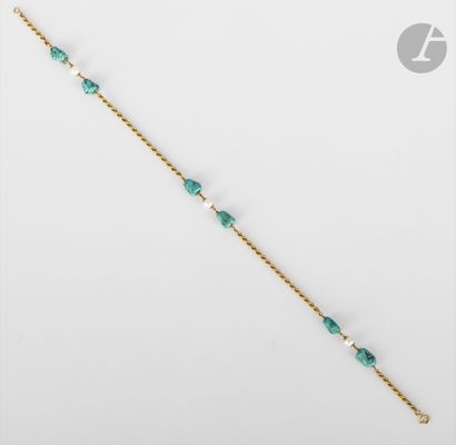 null Necklace in 18K gold (750) decorated with raw turquoise and cultured pearls....