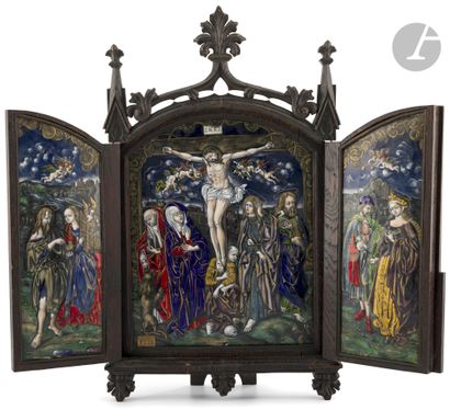 Polychrome painted enamel triptych with gold...