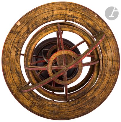 null Sphère armillaire en carton sur piétement en bois tourné signée sur le cercle...