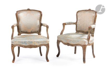 Pair of armchairs in molded, carved and painted...