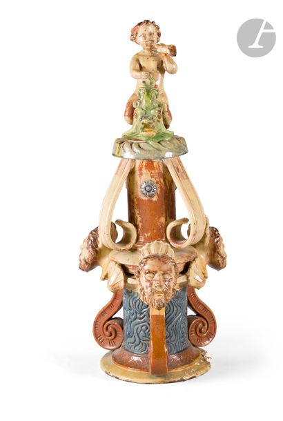 null Midi
Two elements of finial decorated with child triton on dolphin, mascarons...