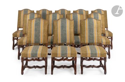 null Suite of twelve walnut chairs with sheepskin legs and high flat back.
Louis...