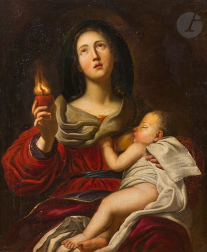  École ITALIENNE du XVIIe siècle Vierge à l’enfant tenant le sacré coeur Toile 94...