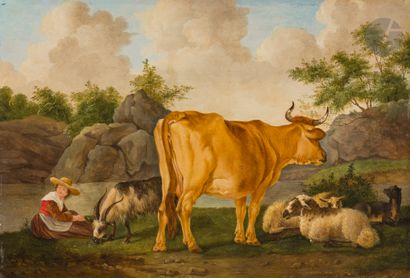  École HOLLANDAISE du XVIIIe siècle, suiveur d’Albert Cuyp Une bergère avec une chèvre,...