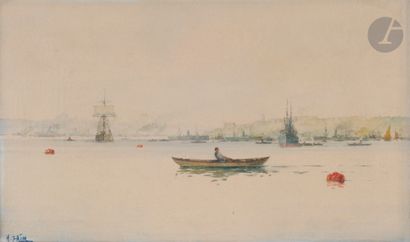 null Hasan SAIM (XIXe/ XXe siècle)
Barque et bateaux dans la baie d’Istanbul
Aquarelle.
Signée...