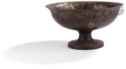  Large damascened steel cup, Qajar Iran, 19th centuryA hemispherical cup with a slightly...