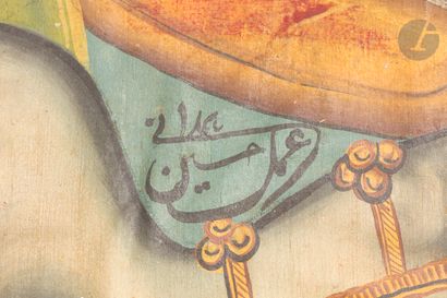  Imposante peinture ta’zieh signée, la bataille de Kerbala, Iran, XXe siècle Scène...