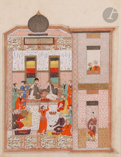  Bahram Gur dans le pavillon blanc, Iran SAFAVIDE, Shiraz, XVIe siècle Page illustrée...