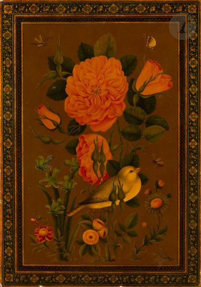  Boîtier de miroir à décor gul-o bulbul et de personnages, Iran qâjâr, signé Ahmad...