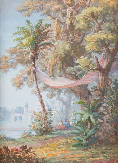  Gustave CLUSERET (1823-1900 )Oriental landscapeGouache . Signed lower right. 33...