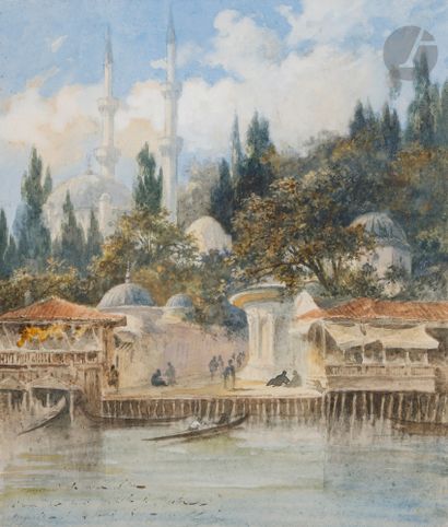 null Eugène FLANDIN (1809-1876)
Istanbul, la mosquée d’Eyüp Sultan, vers 1850
Aquarelle.
Signée...