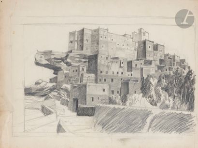  Camille Paul JOSSO (1902-1986) Maroc, vue des remparts Fusain ; eau-forte. Signé...