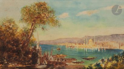  CÉCILE (XXth century )View of the Bosphorus and the Basilica of Saint Sophia, 1923Watercolor...